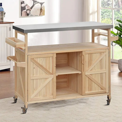 Vintage Stylish Wooden Kitchen Island with Stainless Steel Top, Indoor/Outdoor Use