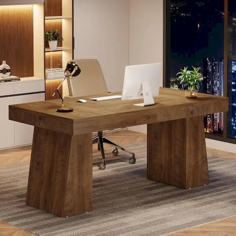 Brown Wood Mid-Century Executive Desk for Home Office