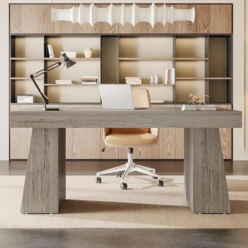 Brown Wood Mid-Century Executive Desk for Home Office