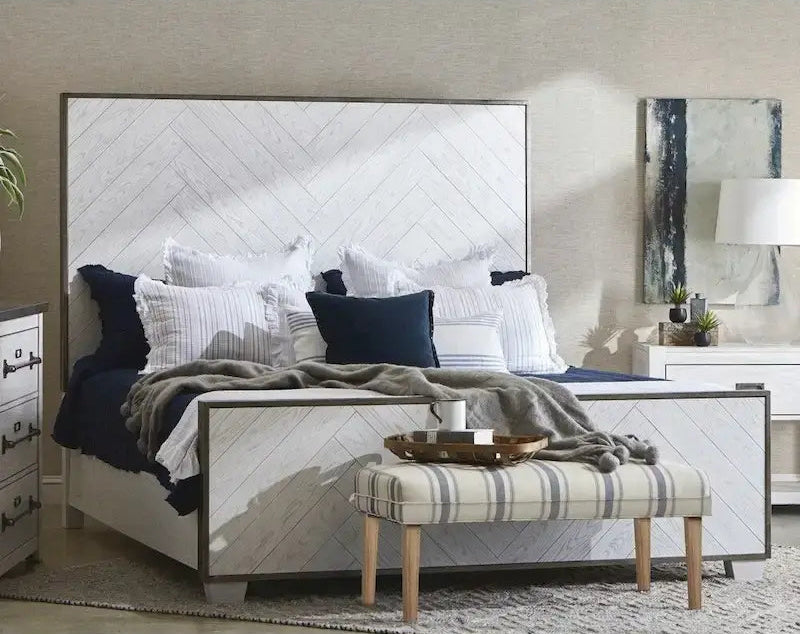 Swids Modern Farmhouse Vintage White Bed with Metal Frame