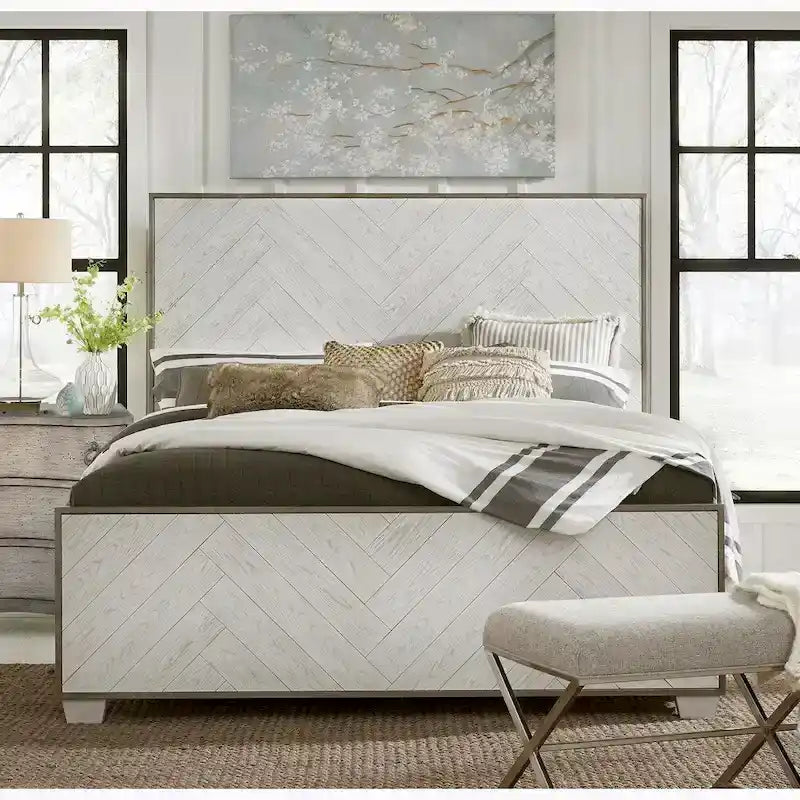 Modern Farmhouse White Metal Bed Frame, Vintage-Inspired Design