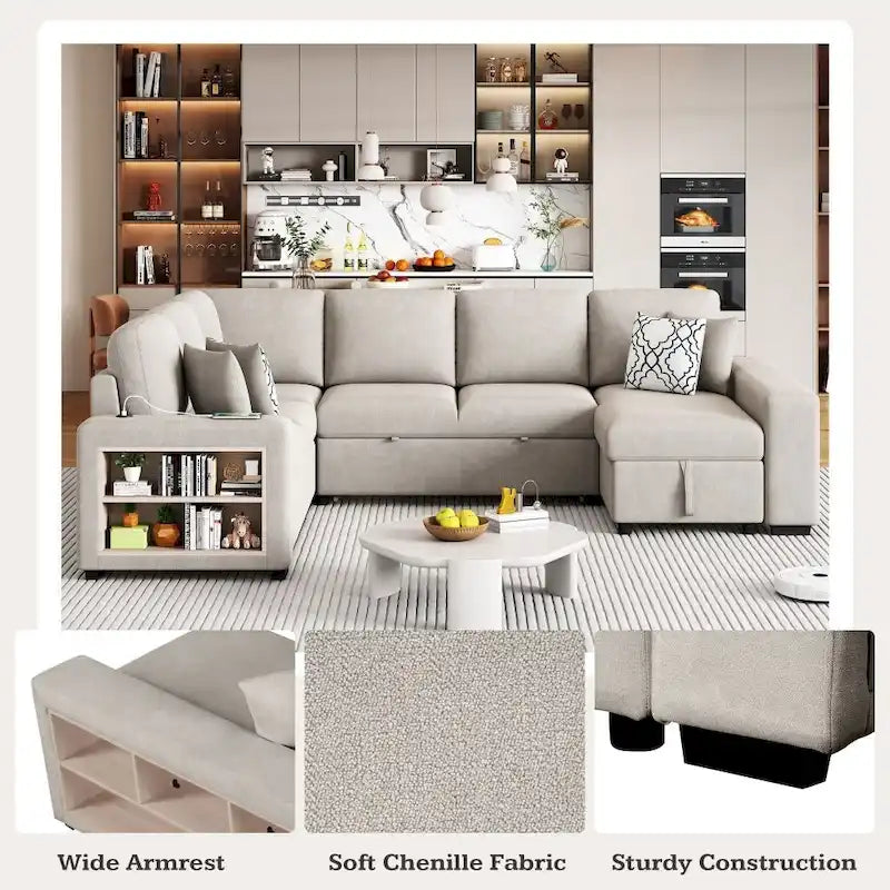 U-Shaped Sectional Sofa with Two USB Ports and Storage Chaise